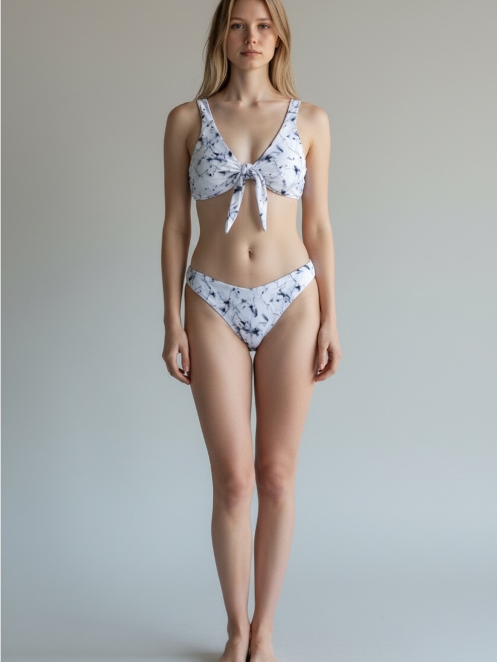 SHEIN White Marble-Print Tie-Front Bikini Set